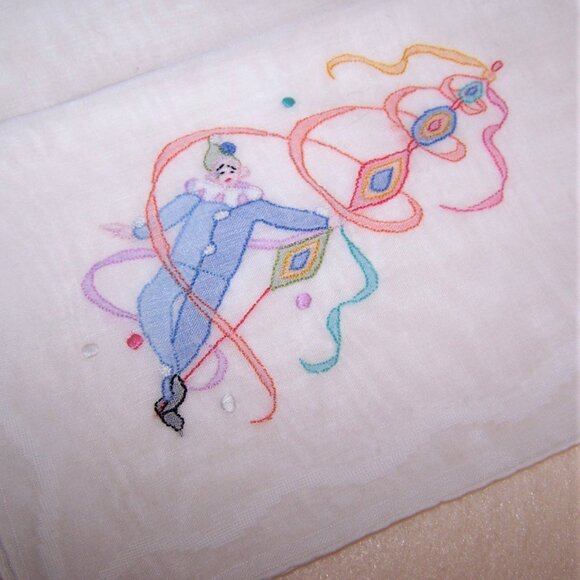 Vintage Embroidered Cotton Hanky - Pierrot Jester Clown with Flag Pole - Picture 4 of 4